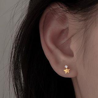 Non-matching 925 Sterling Silver Rhinestone Moon & Star Earring 1 Pairs - 925 Silver - Ab Stud Earring - Gold & Silver - One Size