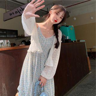 Spaghetti Strap Floral Print Midi A-line Dress / Pointelle Knit Cardigan