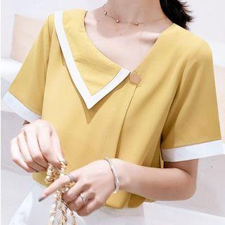 Asymmetric Collar Short-sleeve Chiffon Top
