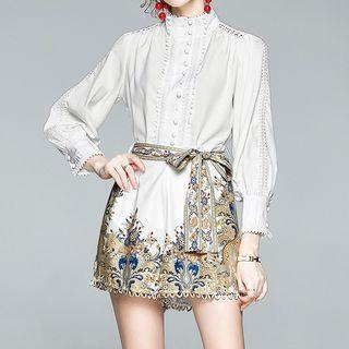 Set: Puff-sleeve Button-up Blouse + Print Skort