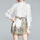 Set: Puff-sleeve Button-up Blouse + Print Skort