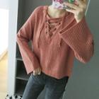 Bow Long-sleeved Loose-fit V-neck Knitted Sweater