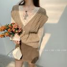 Long-sleeve Lace Top / Buttoned Knit Vest / Mini Pencil Skirt