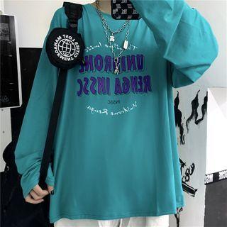 Lettering Long-sleeve Round Neck T-shirt Aqua Blue - One Size