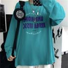Lettering Long-sleeve Round Neck T-shirt Aqua Blue - One Size