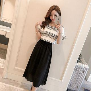 Short-sleeve Striped Mock Two Piece Midi Dress