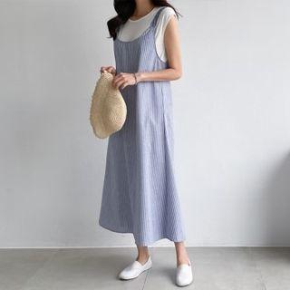 Tie-back Lace-strap Stripe Long Dress