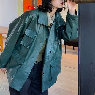 Cargo-pocket Faux Leather Jacket