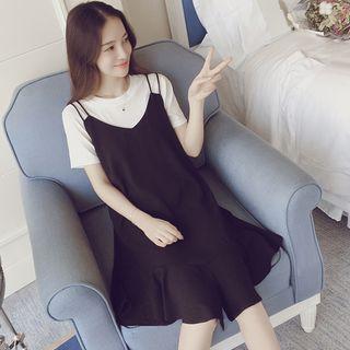 Set: Short-sleeve Knit Top + Strappy A-line Dress