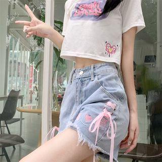 Heart Embroidered Lace-up Denim Shorts