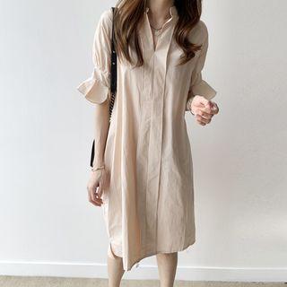 Bell-sleeve Plain Midi Shirtdress