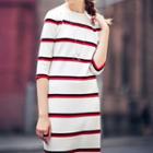 Striped Elbow-sleeve Knit Dress White - S