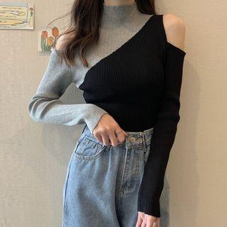 Mock-neck Cold-shoulder Two-tone Knit Top