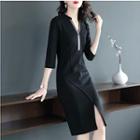 3/4-sleeve Notch-neck Sheath Knit Dress