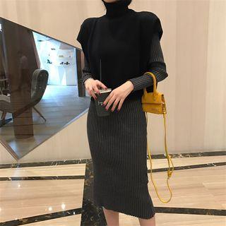 Turtleneck Short-sleeve Sweater / Rib Knit Midi Dress