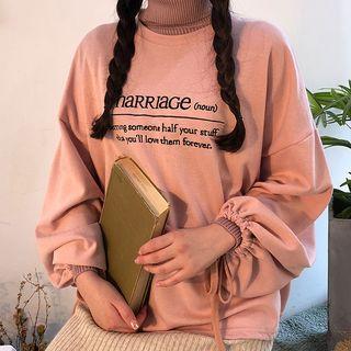 Drawstring-sleeve Letter Embroidered Pullover