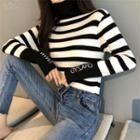 Striped Mock Neck Knit Top Stripes - Black & White - One Size