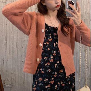Plain Cardigan / Floral Print Spaghetti-strap Mid A-line Dress