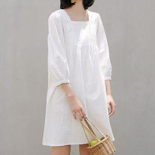 Lace Trim 3/4-sleeve Shift Dress White - One Size