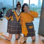 Plaid Mini Pullover Dress / Plain Cropped Pullover / Plaid Mini A-line Skirt