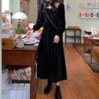 Long-sleeve Smocked Velvet Midi A-line Dress Black - One Size