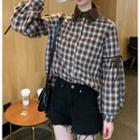 Double Layer Collar Puff Sleeve Check Blouse