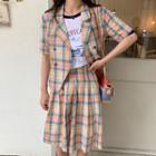 Elbow-sleeve Double Breasted Plaid Blazer / A-line Skirt