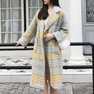 Notch-lapel Tie-waist Plaid Coat