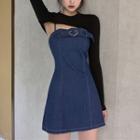 Long-sleeve Cropped Knit Top / Spaghetti Strap Mini A-line Denim Dress