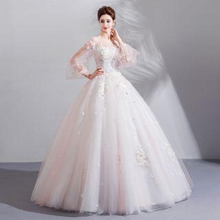 Long-sleeve Flower Applique Wedding Ball Gown