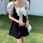 Puff-sleeve Bow Open-back A-line Mini Dress Black & White - One Size