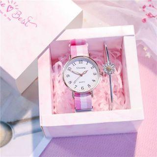 Set: Nylon Strap Watch + Rhinestone Moon Bracelet