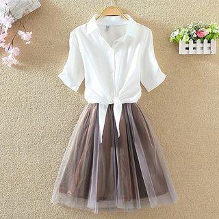 Set: Short-sleeve Shirt + Spaghetti Strap A-line Mesh Dress