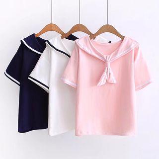 Embroidered Sailor Collar Short Sleeve T-shirt
