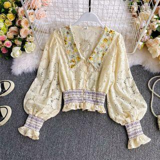 Faux-pearl Detail Collar Lace Long-sleeve Blouse