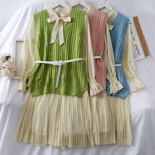 Set: Ribbon-neckline Pleated A-line Dress + Knit Vest