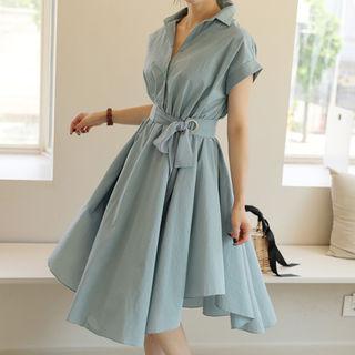 Half-placket Cuff-sleeve Shirtdress With Sash
