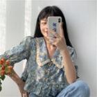 Puff-sleeve Doll Collar Floral Printed Blouse Blue - One Size