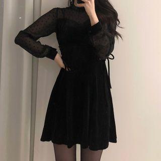 Dotted Mesh Panel Long-sleeve Mini A-line Dress Black - One Size