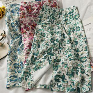 Flower-print Slited Midi Skirt
