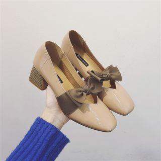Faux Leather Bow Block Heel Pumps