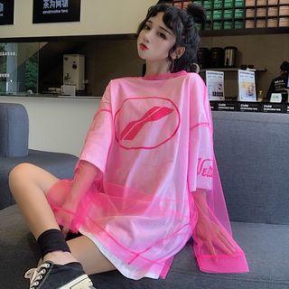 Set: Elbow-sleeve Printed T-shirt + Long-sleeve Mesh Top