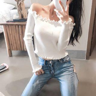 Off-shoulder Long-sleeve Cropped Knit Top