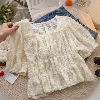 Short-sleeve Square-neck Blouse Almond - One Size