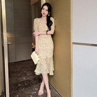 Short-sleeve Floral Ruffle Hem Sheath Dress