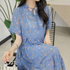 Tie-neck Pintuck Floral Chiffon Dress