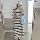 Elbow-sleeve Striped Midi A-line Dress Stripes - Black & White - One Size