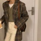 Plaid Double-breasted Blazer Coffee - One Size