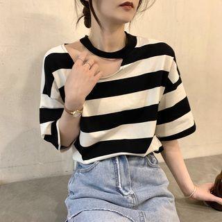 Short-sleeve Cut-out Striped T-shirt