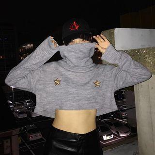 Star Embroidered Turtleneck Cropped Sweater